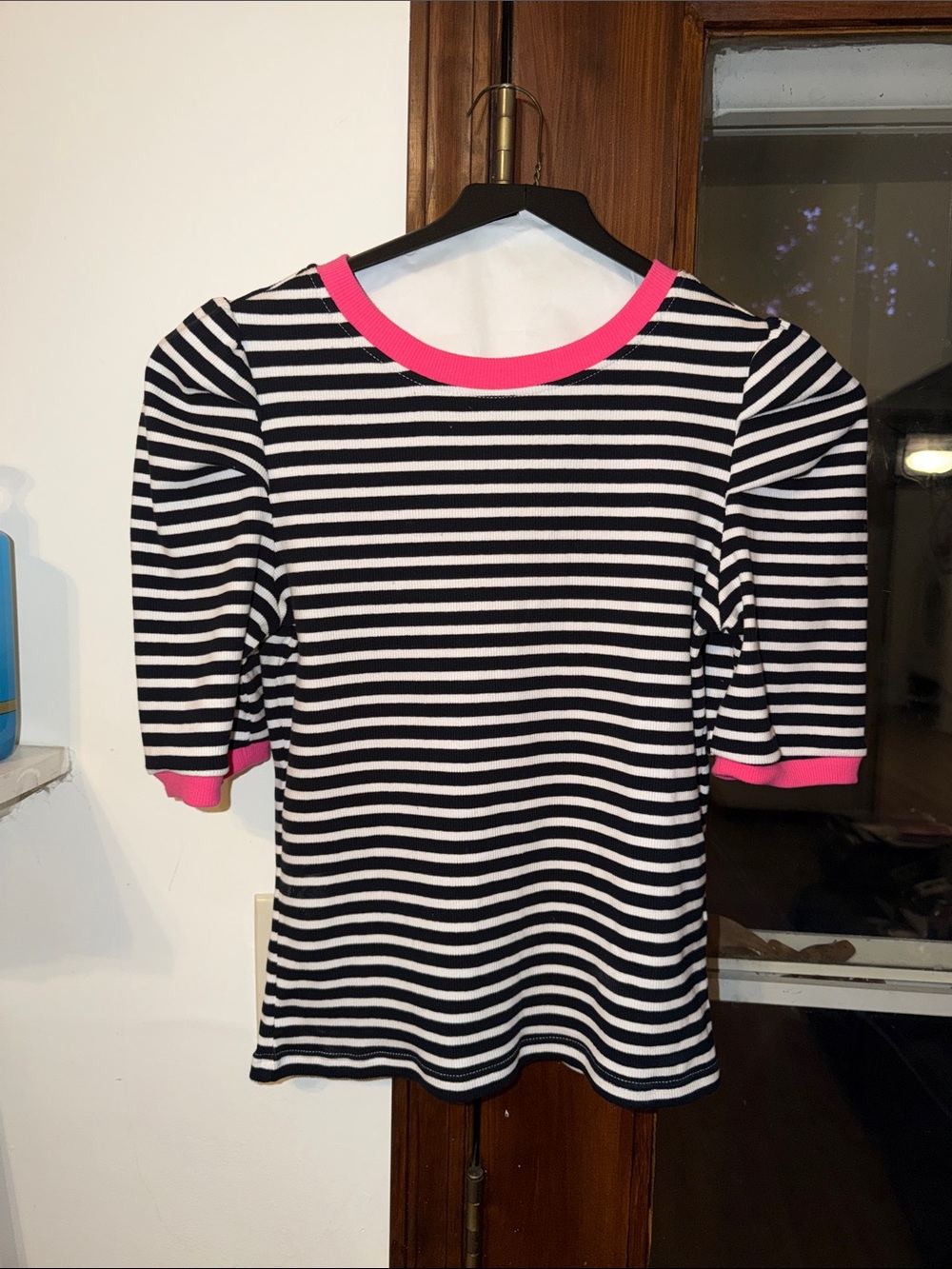 Rebecca Minkoff Striped Black & White Top with Hot Pink Trim SIZE Small